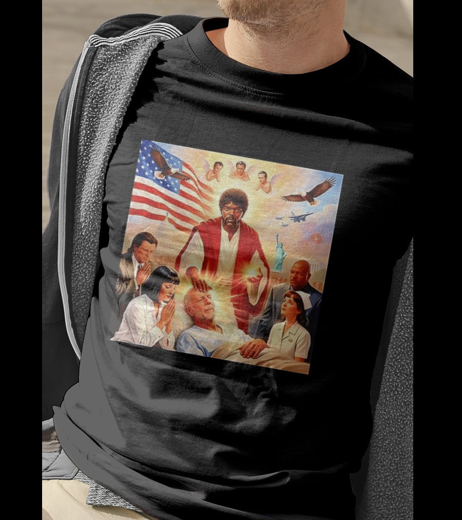 Samuel L. Jackson Exorcism Scene With Bruce Willis And US Patriotic Elements Meme T-Shirt