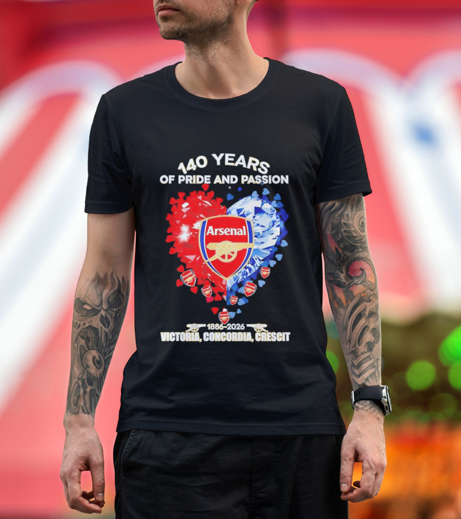 Arsenal 140 Years Of Pride And Passion Victoria Concordia Crescit 1886 2026 Heart Badge Crest T-Shirt