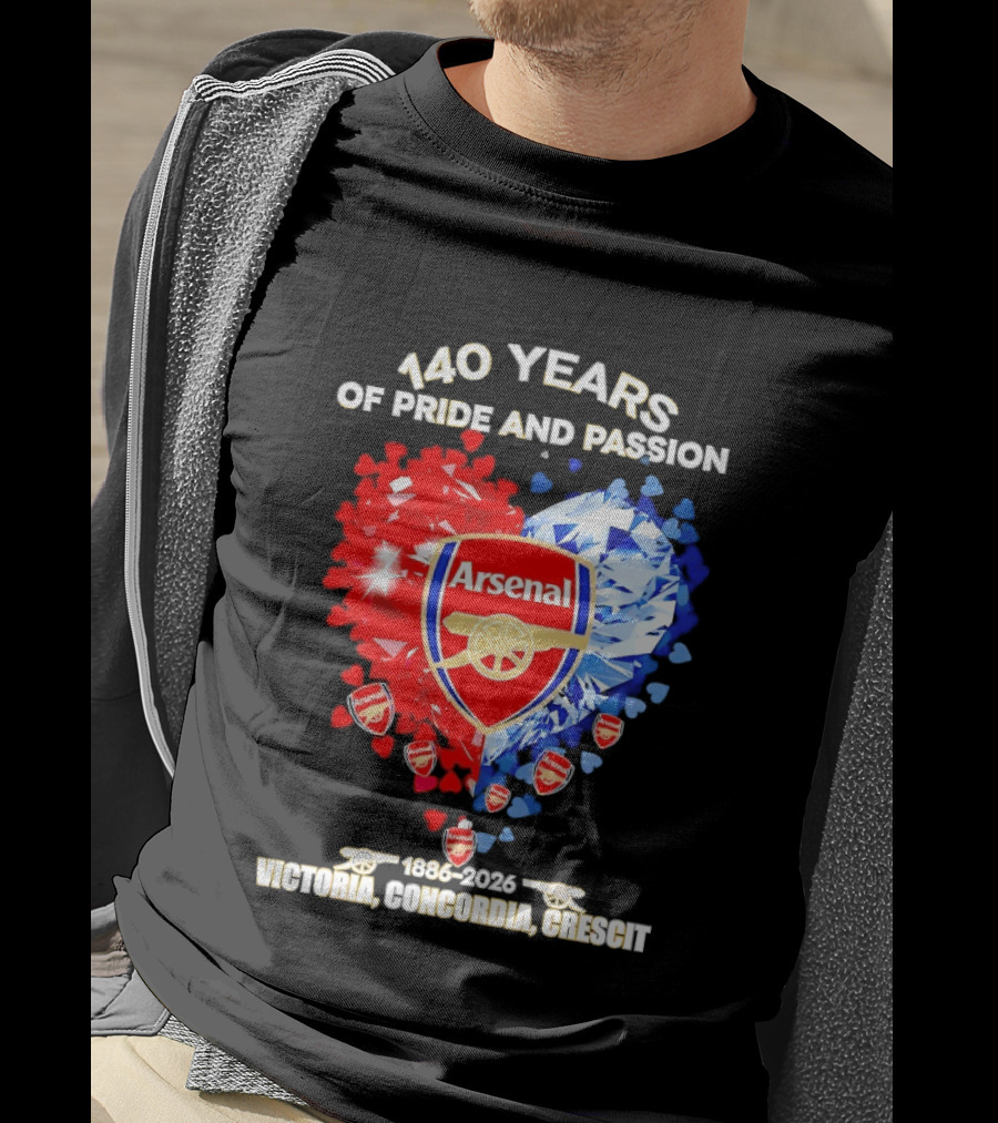Arsenal 140 Years Of Pride And Passion Victoria Concordia Crescit 1886 2026 Heart Badge Crest T-Shirt