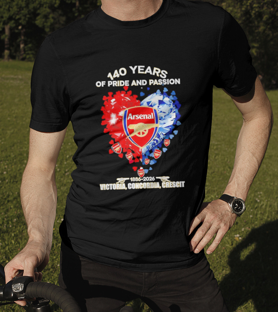 Arsenal 140 Years Of Pride And Passion Victoria Concordia Crescit 1886 2026 Heart Badge Crest T-Shirt