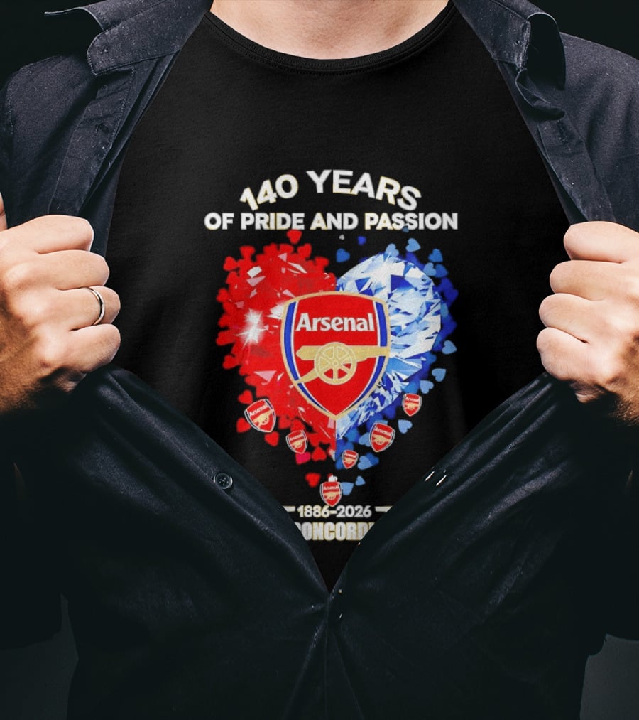 Arsenal 140 Years Of Pride And Passion Victoria Concordia Crescit 1886 2026 Heart Badge Crest T-Shirt