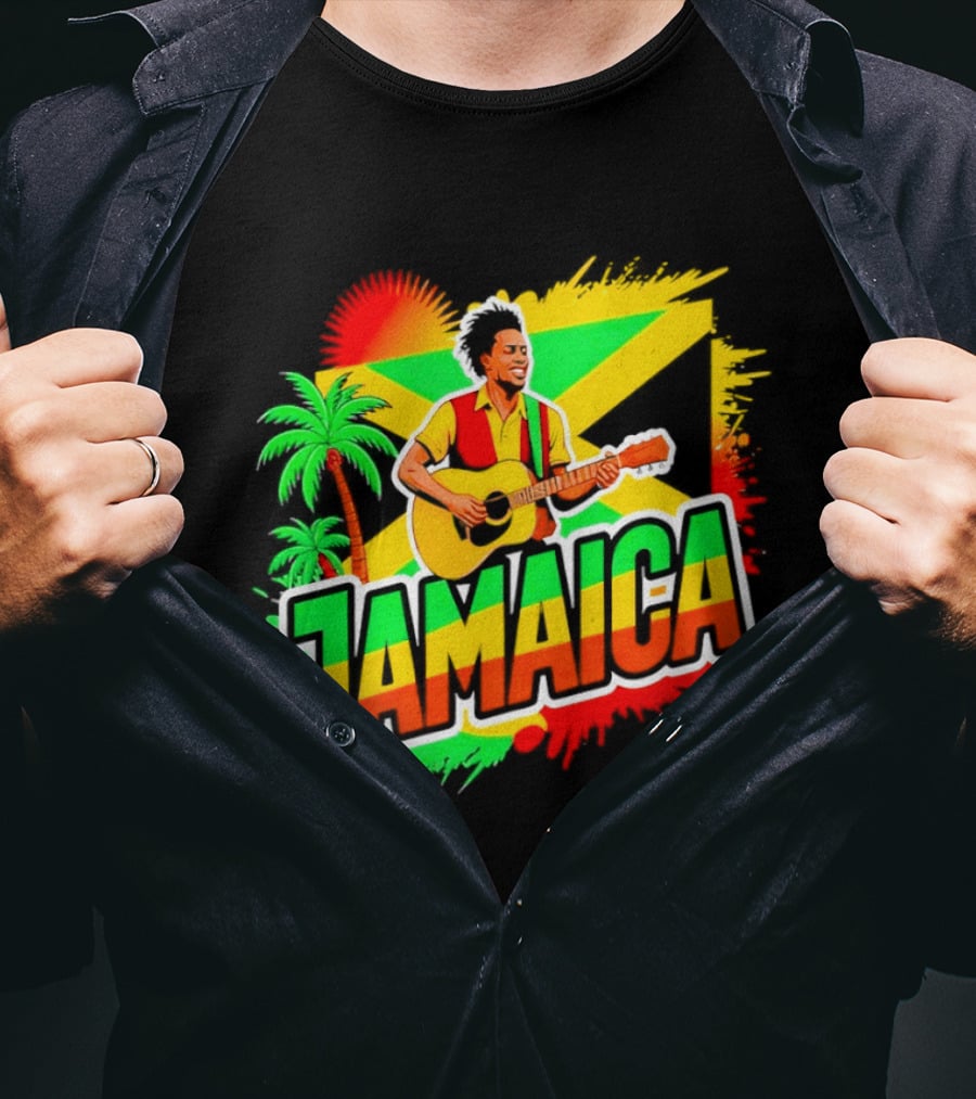 Jamaica Musician 2026 Vibrant Island Vibes Guitarist Flag T-Shirt