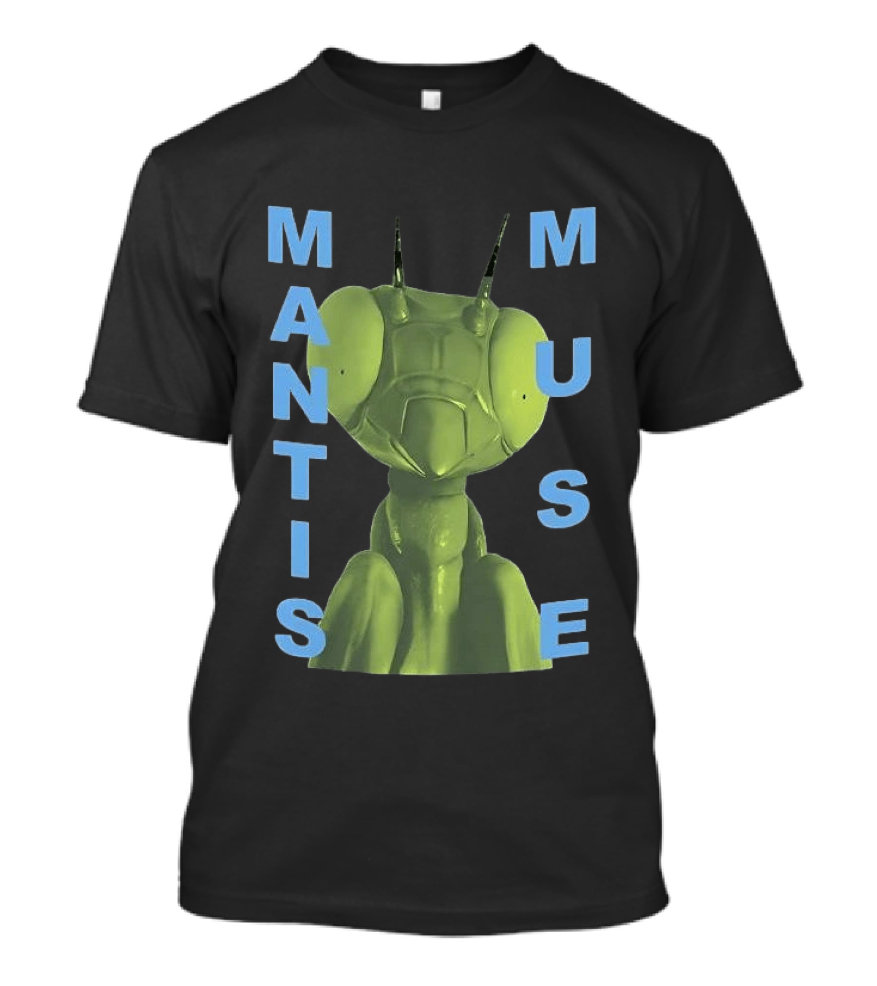 David Shrigley Mantis Muse Green Illustration With Blue T-Shirt
