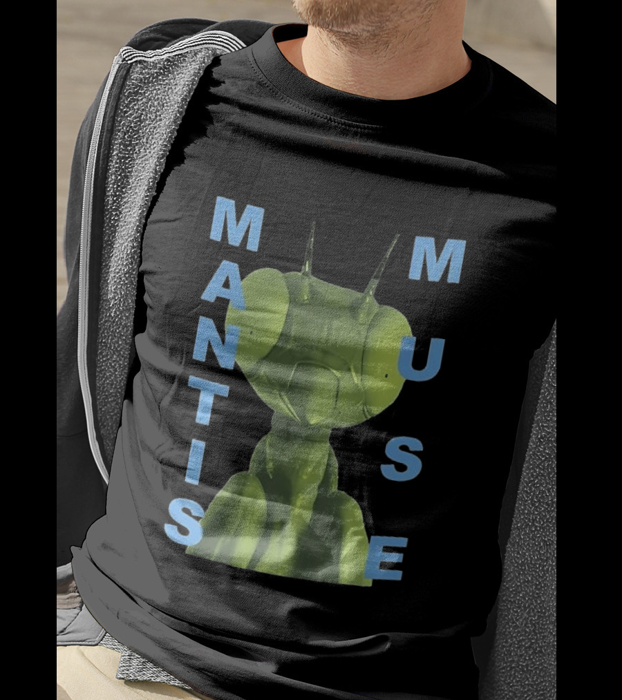 David Shrigley Mantis Muse Green Illustration With Blue T-Shirt