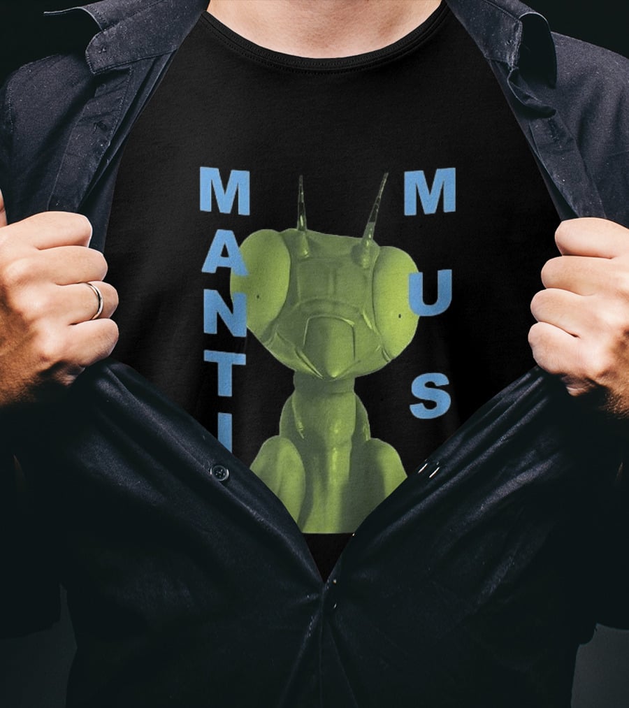 David Shrigley Mantis Muse Green Illustration With Blue T-Shirt