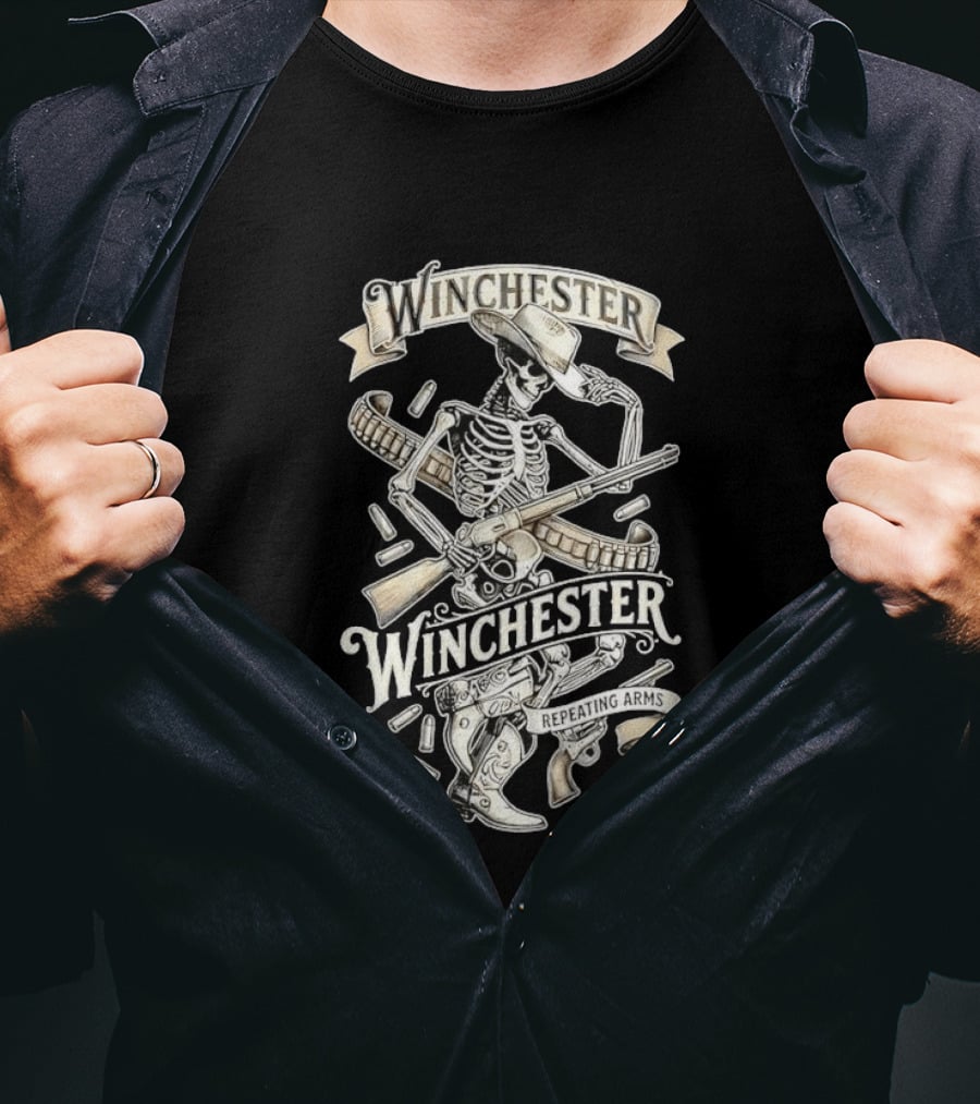 Winchester Repeating Arms Cowboy Skeleton With Rifle And Bullets T-Shirt