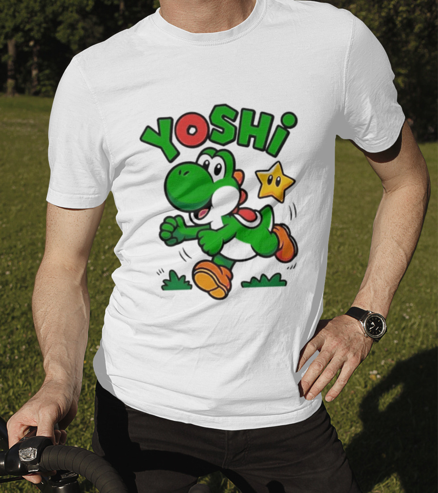 Yoshi Super Mario Green Dinosaur Running With Star T-Shirt