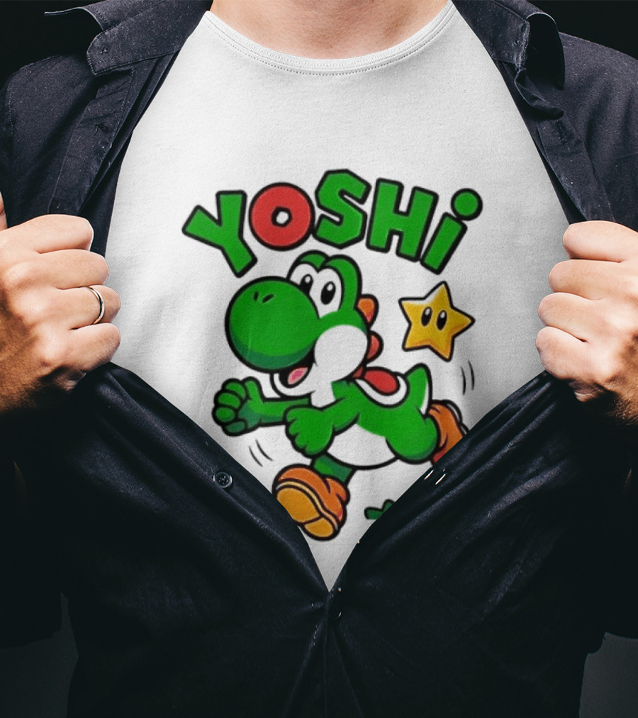 Yoshi Super Mario Green Dinosaur Running With Star T-Shirt