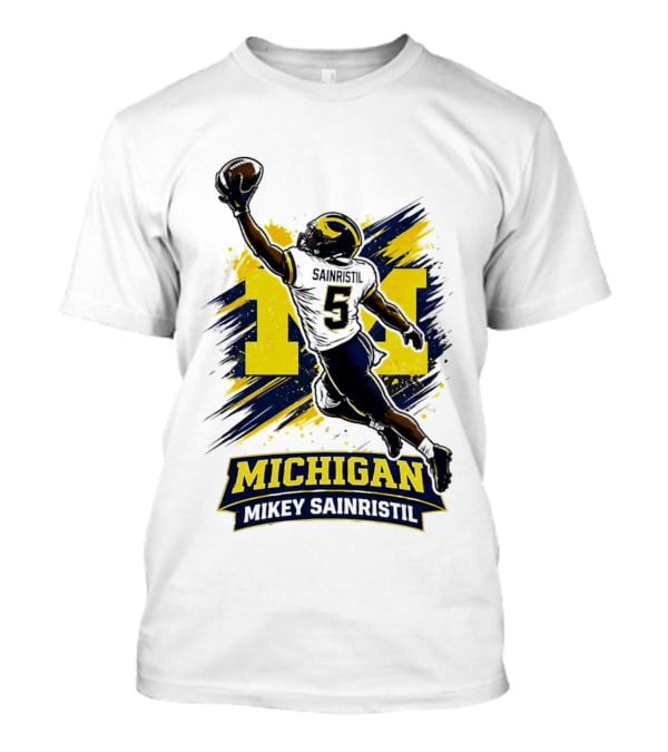 Michigan Mikey Sainristil Catching Football Wolverines Player T-Shirt
