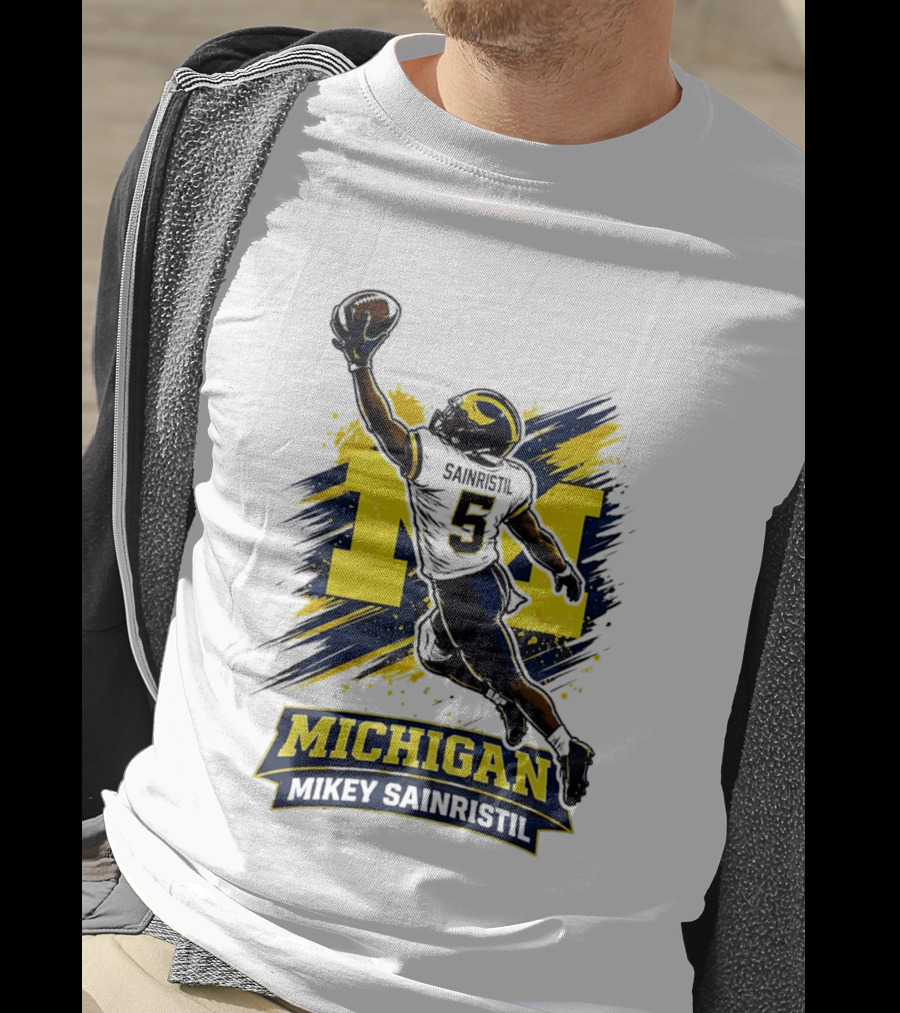 Michigan Mikey Sainristil Catching Football Wolverines Player T-Shirt