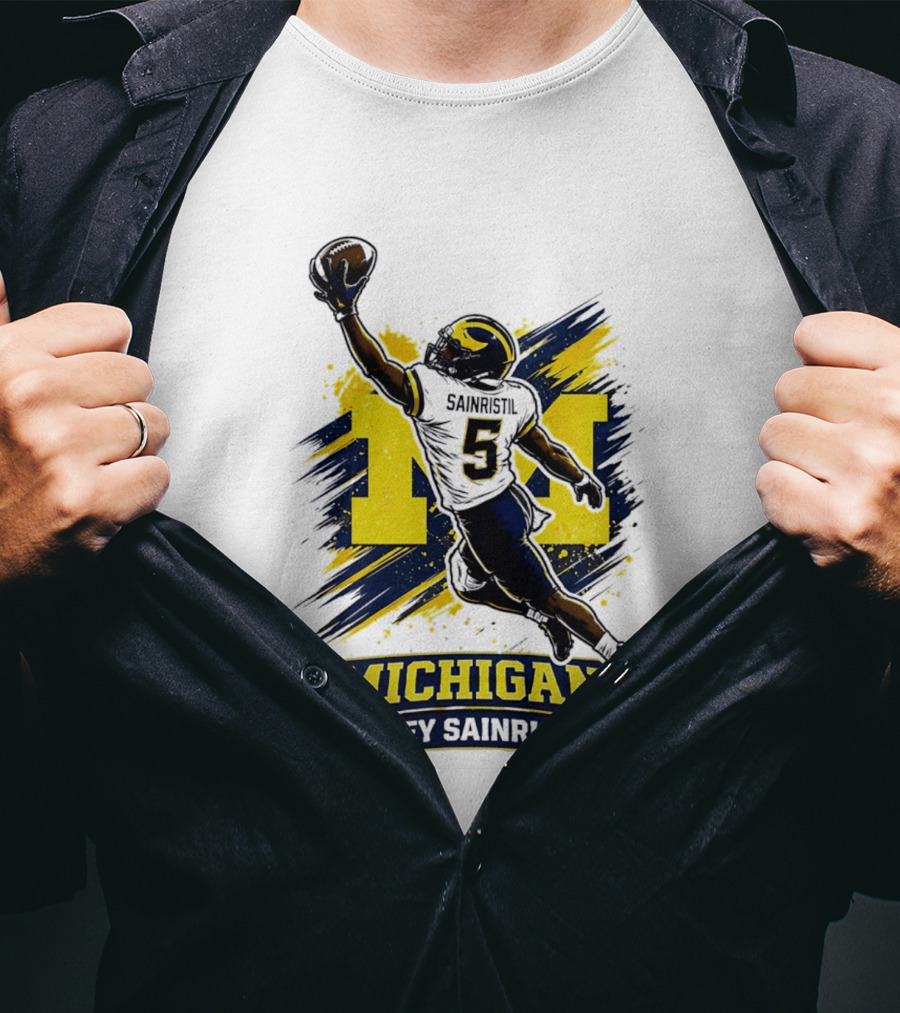Michigan Mikey Sainristil Catching Football Wolverines Player T-Shirt