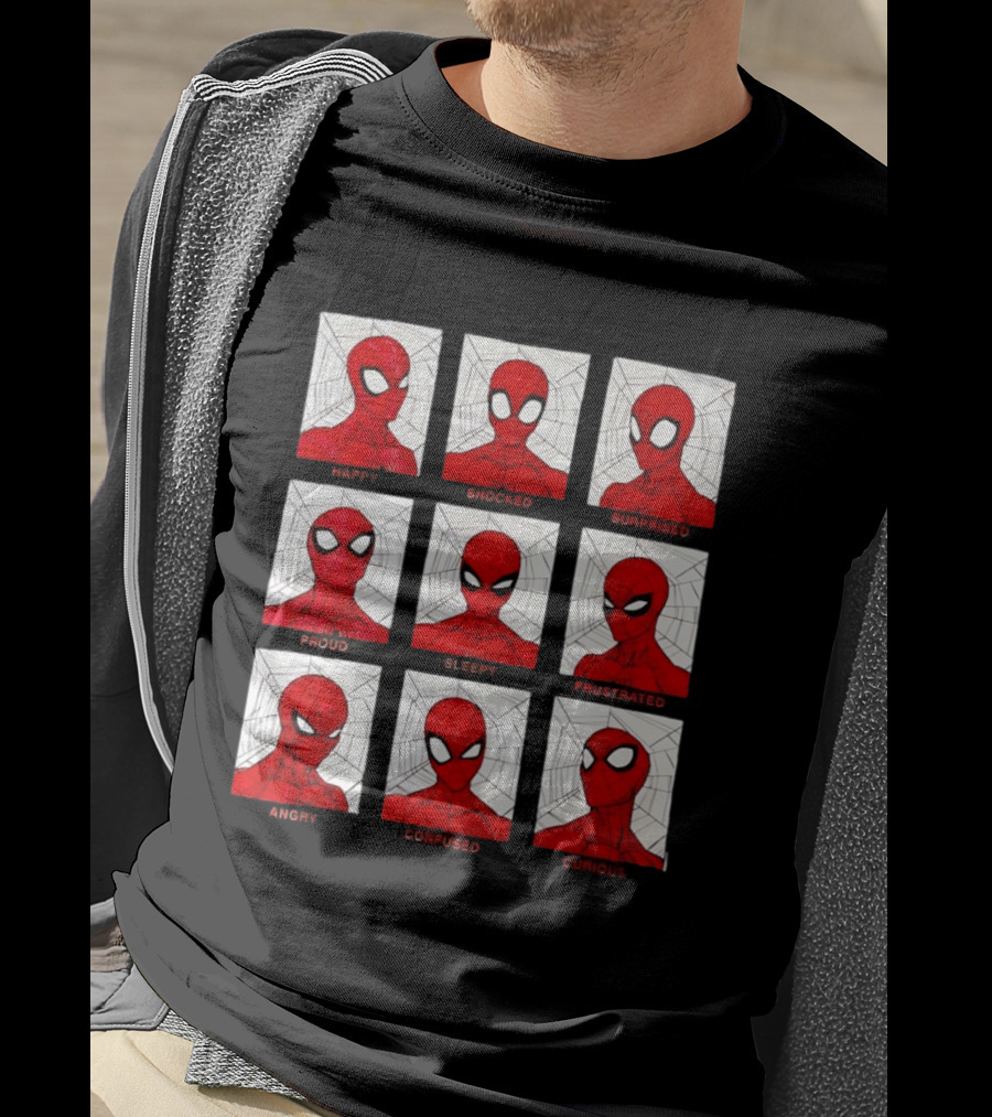 Spider Man Emotional States Happy Shocked Surprised Proud Sleepy Frustrated Angry Confused Curious T-Shirt