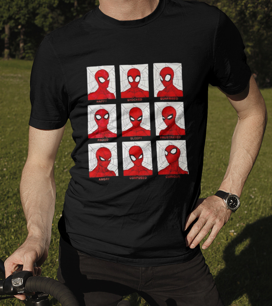 Spider Man Emotional States Happy Shocked Surprised Proud Sleepy Frustrated Angry Confused Curious T-Shirt