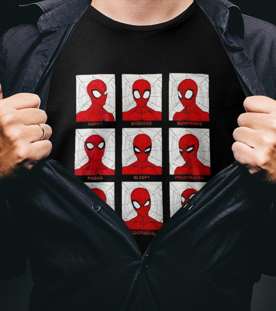Spider Man Emotional States Happy Shocked Surprised Proud Sleepy Frustrated Angry Confused Curious T-Shirt