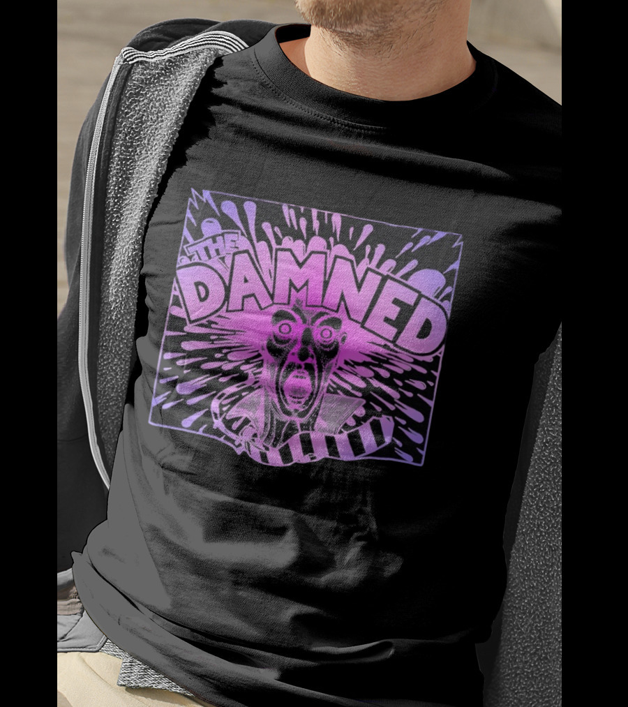 THE DAMNED Horror Face Neon Splatter Purple Black T-Shirt