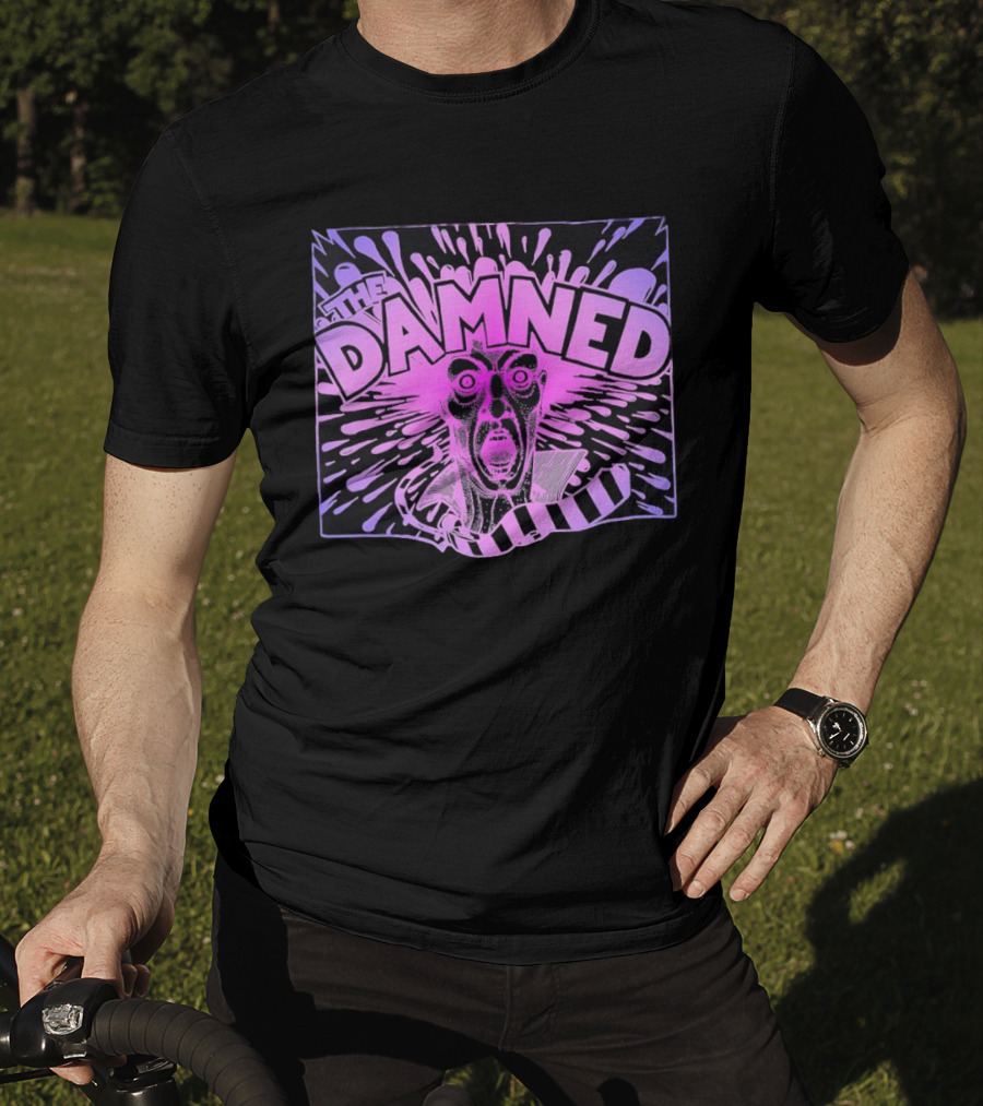 THE DAMNED Horror Face Neon Splatter Purple Black T-Shirt