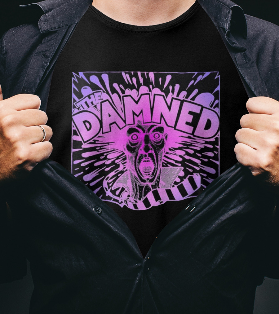 THE DAMNED Horror Face Neon Splatter Purple Black T-Shirt