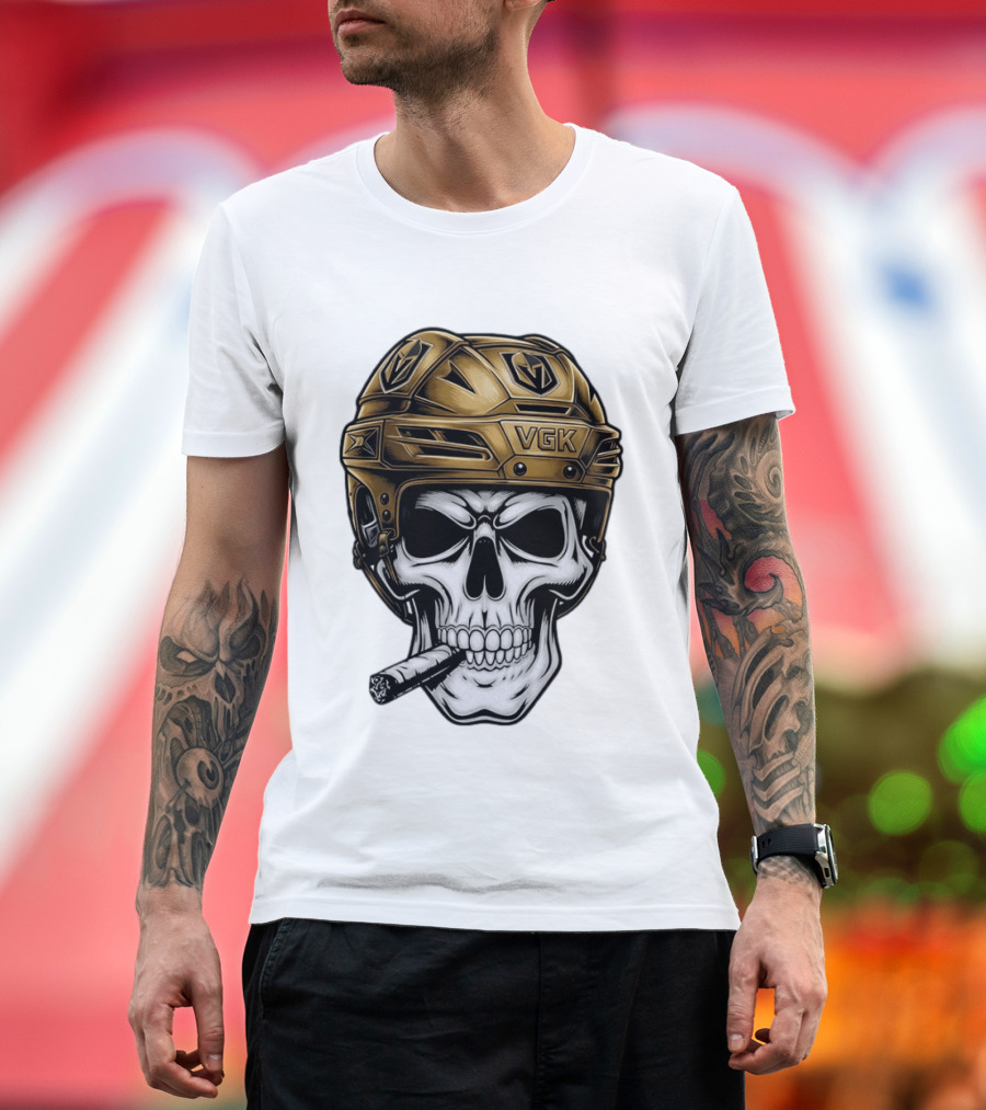 VGK Skull Helmet Vegas Golden Knights Smoking Cigar T-Shirt