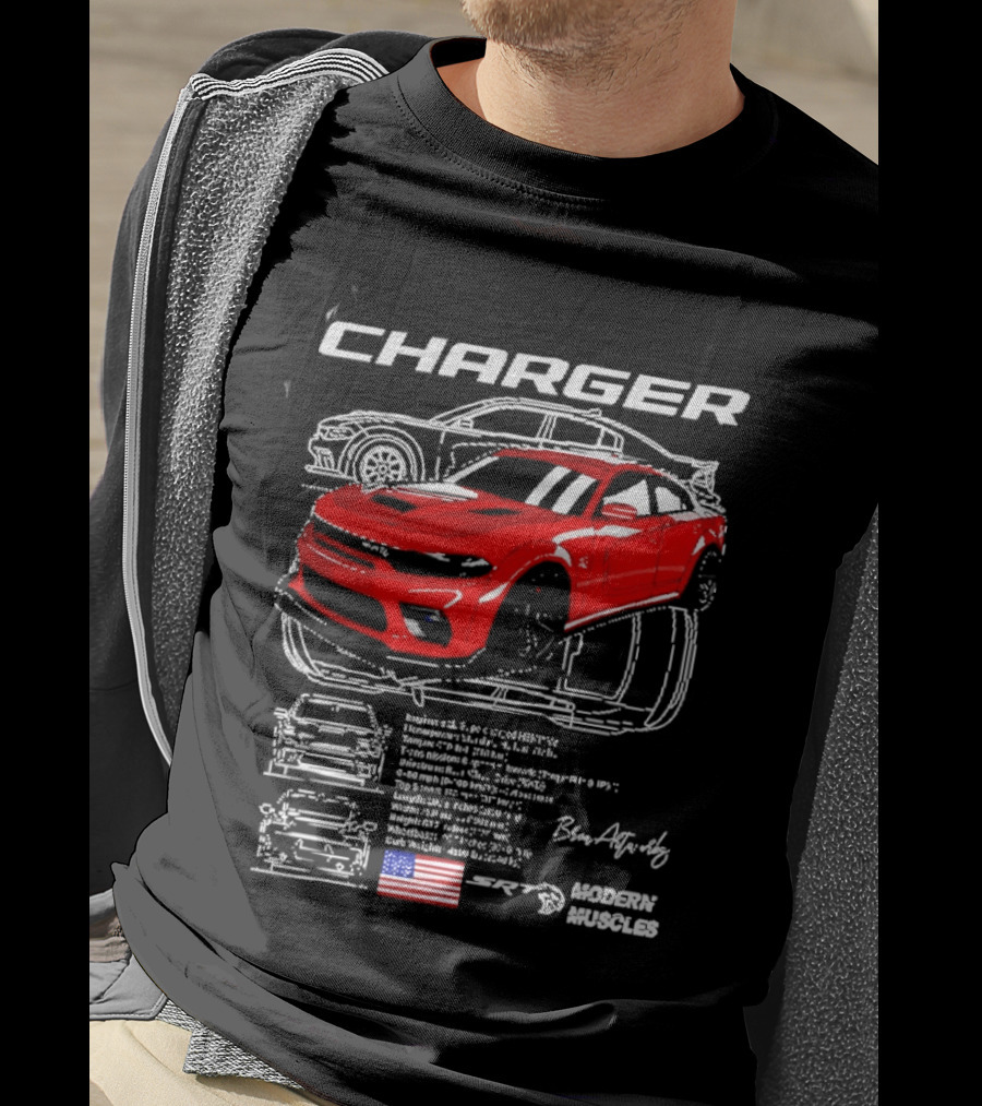 Dodge Charger Hellcat Red Modern Muscles Blueprint USA Flag T-Shirt
