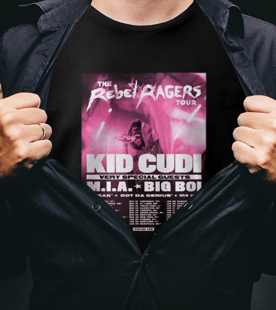The Rebel Ragers Tour Kid Cudi 2026 Featuring M.I.A. Big Boi A Trak Dot Da Genius Tour Dates T-Shirt