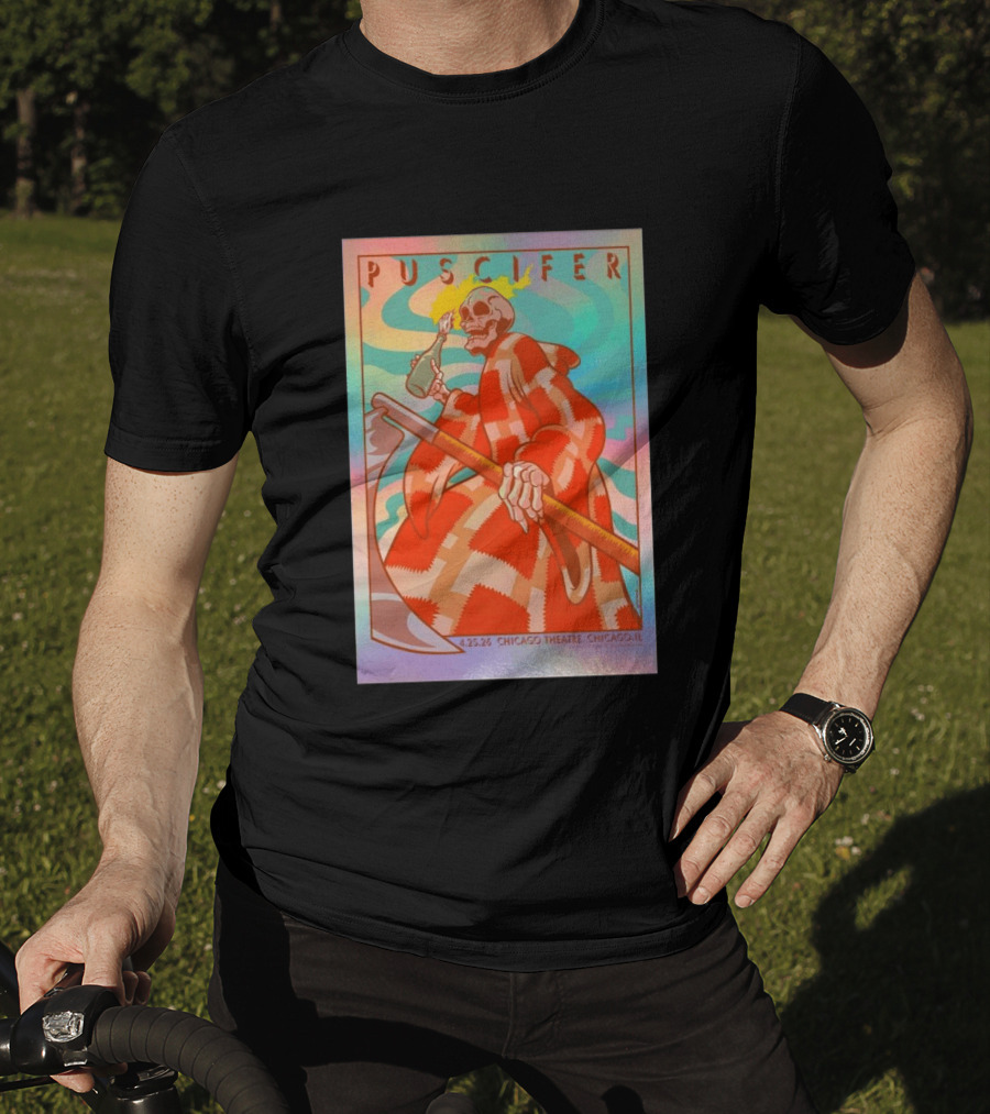Puscifer 4.25.26 Chicago Theatre IL Skeleton Robe Checkerboard Psychedelic T-Shirt
