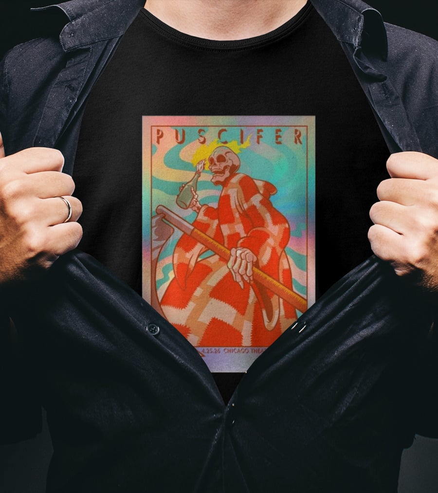 Puscifer 4.25.26 Chicago Theatre IL Skeleton Robe Checkerboard Psychedelic T-Shirt