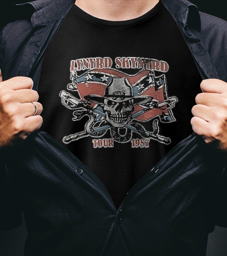 Lynyrd Skynyrd Tour 1987 Skeleton Cowboy USA Rebel Flag T-Shirt