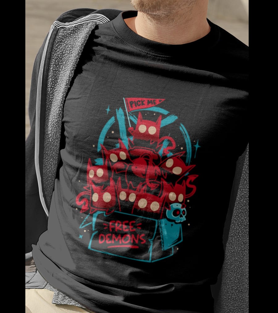 Free Demons Box Pick Me Red Monsters Cute Cartoon T-Shirt