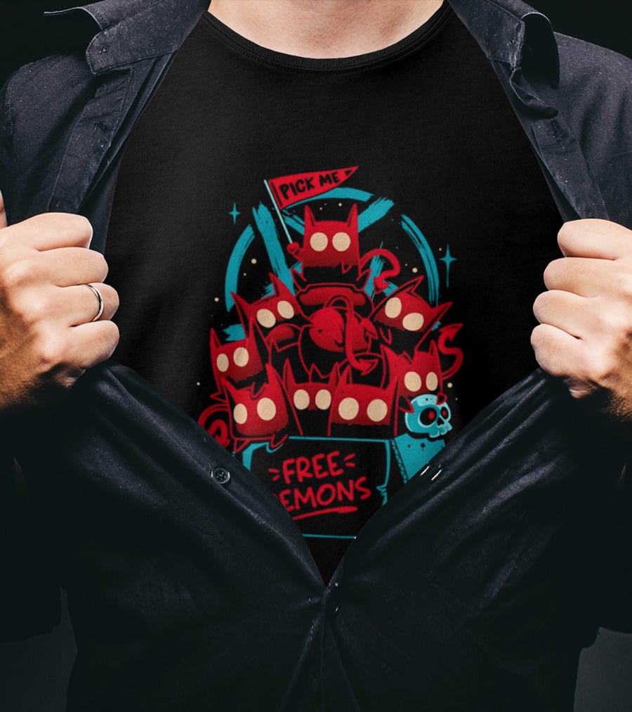 Free Demons Box Pick Me Red Monsters Cute Cartoon T-Shirt