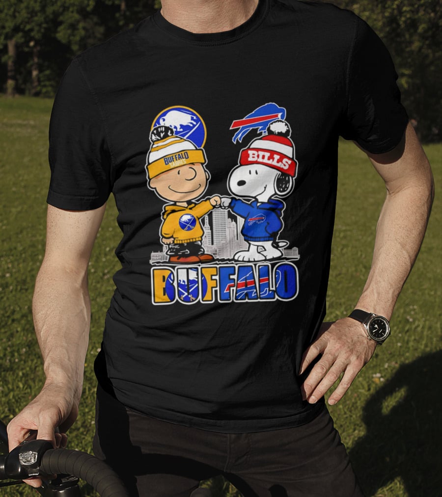 Buffalo Sabres Bills Snoopy City Skyline Collaboration With Charlie Brown T-Shirt