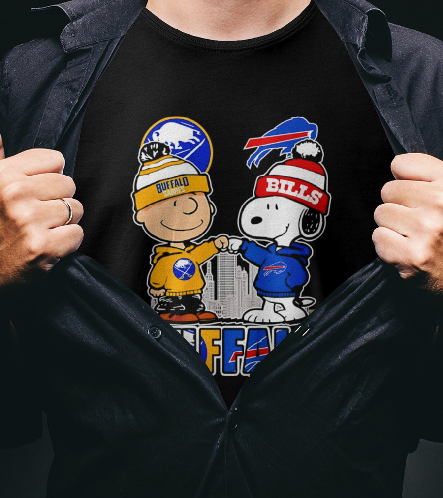 Buffalo Sabres Bills Snoopy City Skyline Collaboration With Charlie Brown T-Shirt