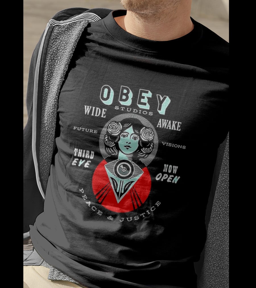 Obey Studios Wide Awake Future Visions Third Eye Now Open Peace And Justice T-Shirt