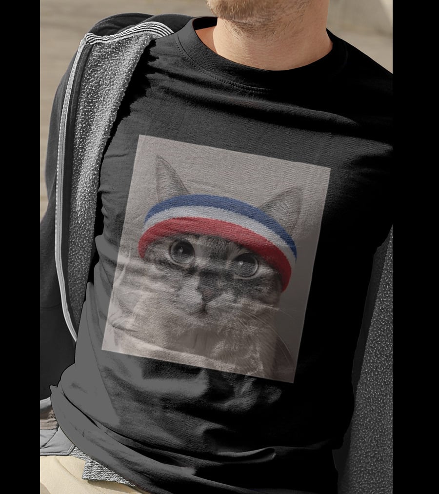 Cat Wearing Red White Blue Terry Headband T-Shirt