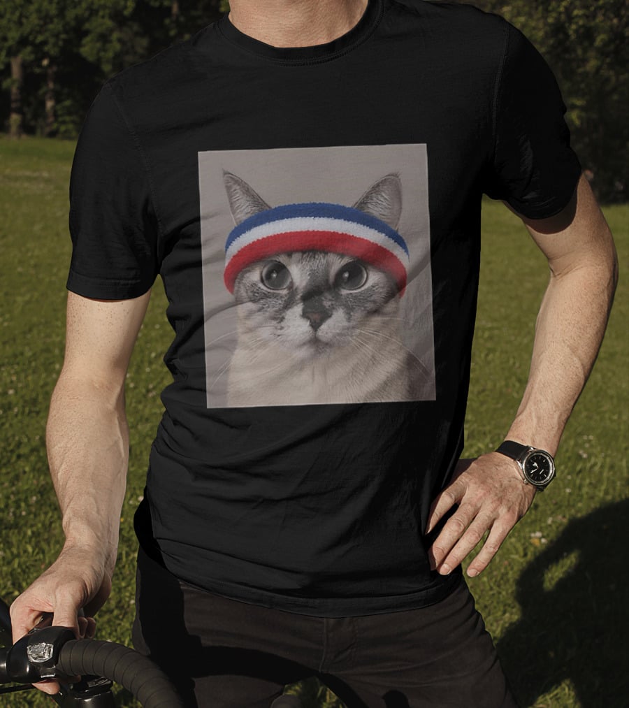 Cat Wearing Red White Blue Terry Headband T-Shirt