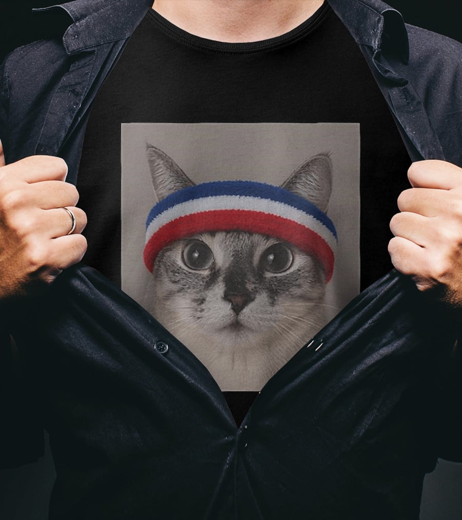 Cat Wearing Red White Blue Terry Headband T-Shirt
