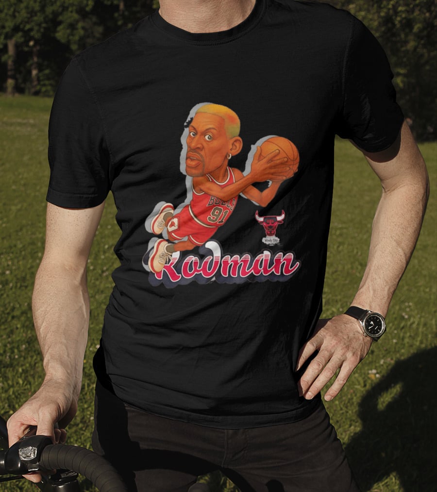Dennis Rodman Chicago Bulls 91 Fickett Classics Windy City Cartoon T-Shirt