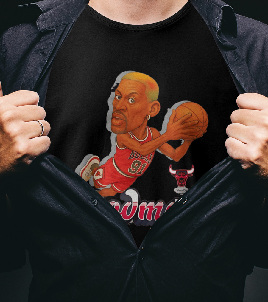 Dennis Rodman Chicago Bulls 91 Fickett Classics Windy City Cartoon T-Shirt