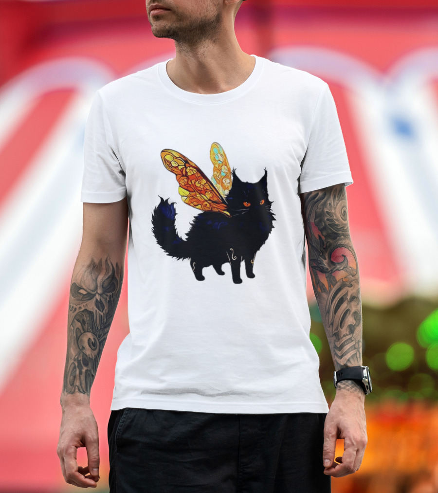 Black Cat With Colorful Fairy Wings Fantastical T-Shirt