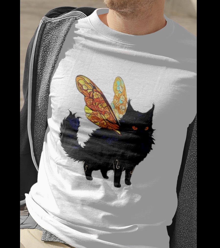 Black Cat With Colorful Fairy Wings Fantastical T-Shirt