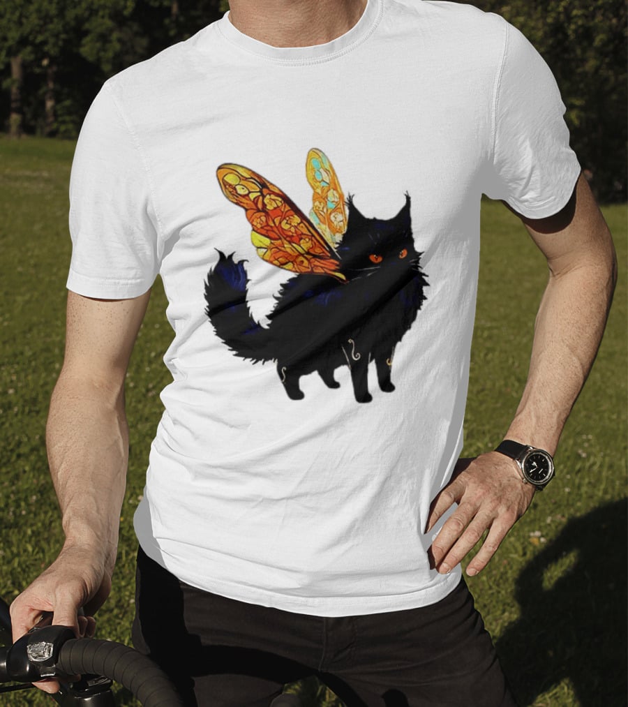 Black Cat With Colorful Fairy Wings Fantastical T-Shirt
