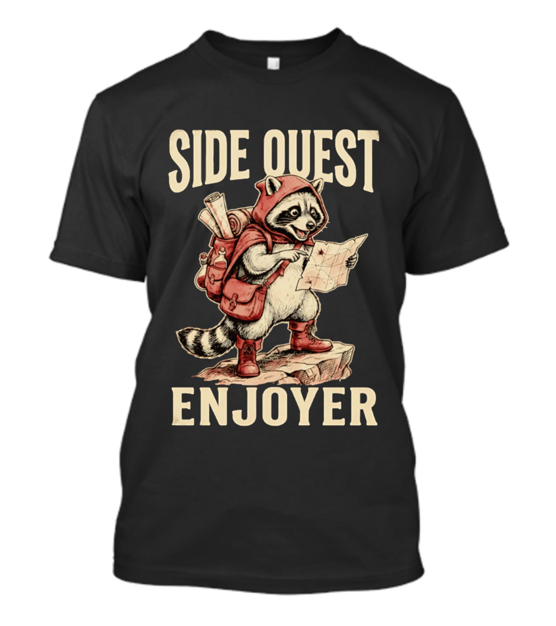 Side Quest Enjoyer Adventurer Raccoon With Map And Backpack T-Shirt