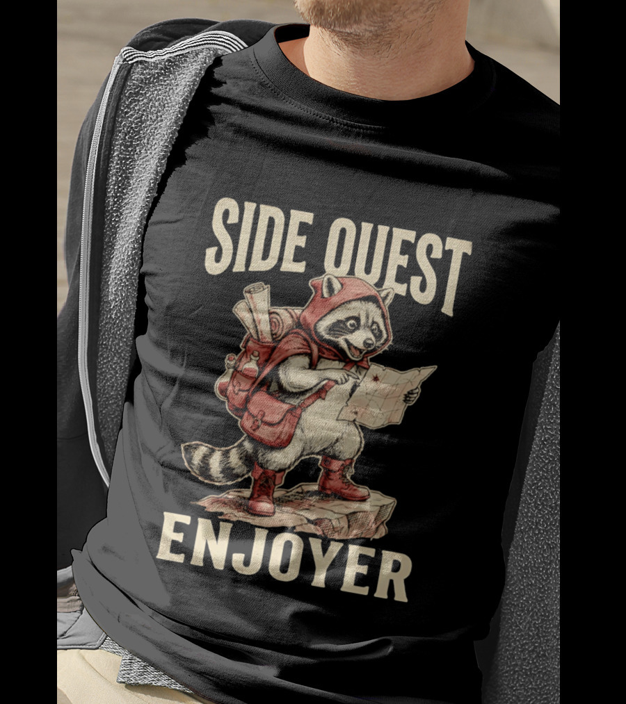 Side Quest Enjoyer Adventurer Raccoon With Map And Backpack T-Shirt