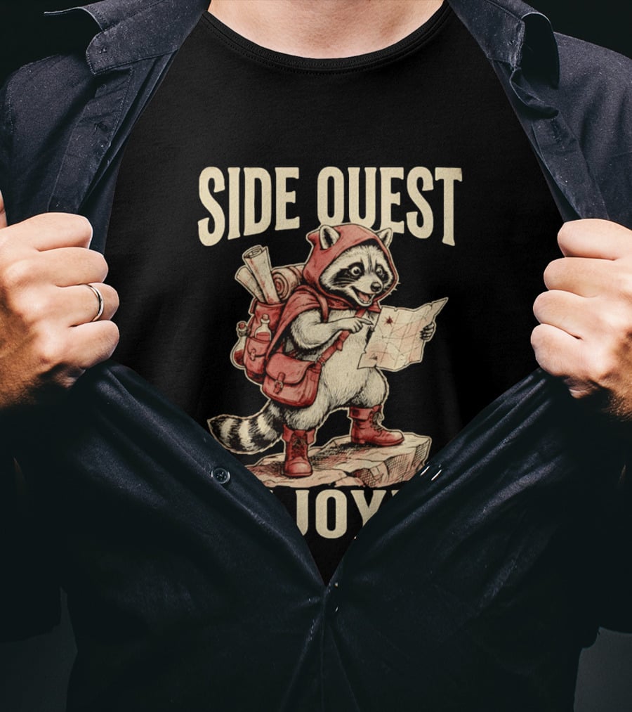 Side Quest Enjoyer Adventurer Raccoon With Map And Backpack T-Shirt