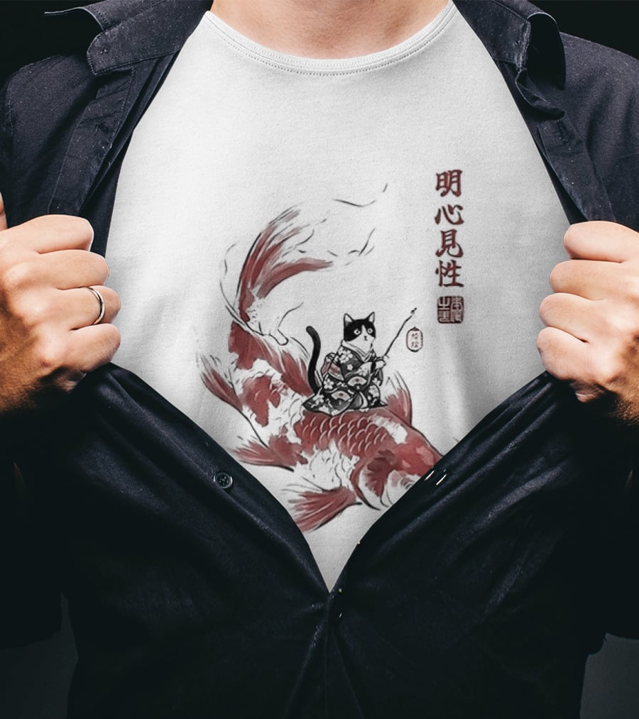 Kimono Cat Riding Koi Fish Classical Japanese T-Shirt
