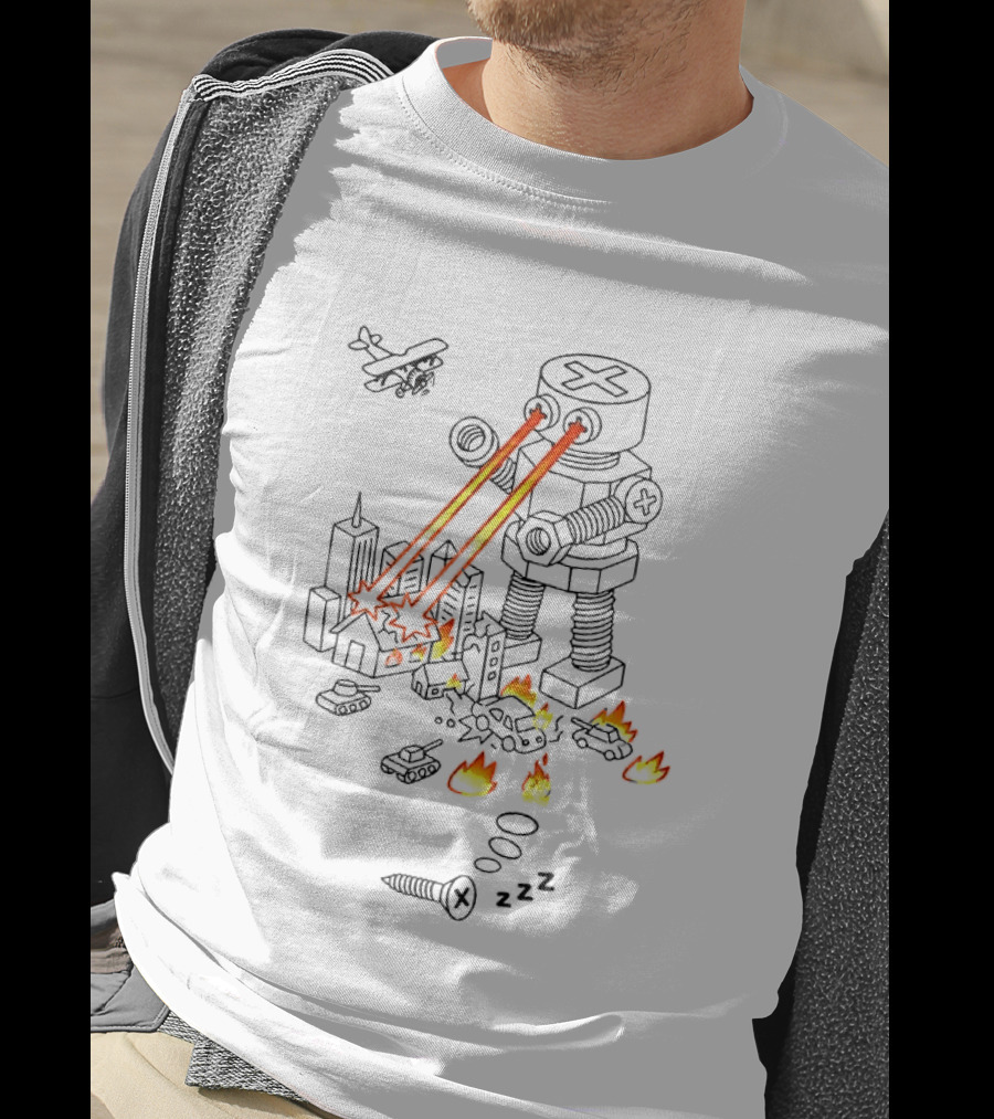 Screw Robot Destroying City Doodle Laser Eyes Fire Chaos Airplane Tanks T-Shirt