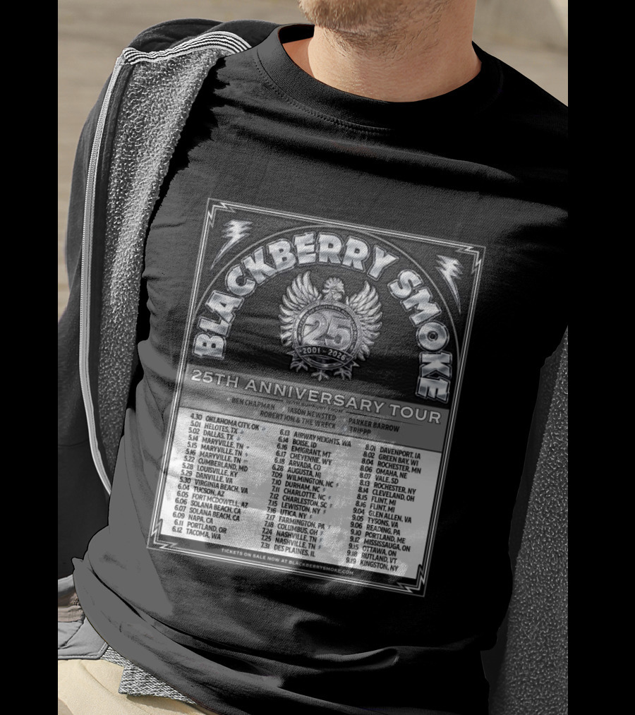 Blackberry Smoke 25th Anniversary Tour 2024 With Ben Chapman And Jason Newsted Featuring Parker Barrow And Robert Jon & The Wreck T-Shirt