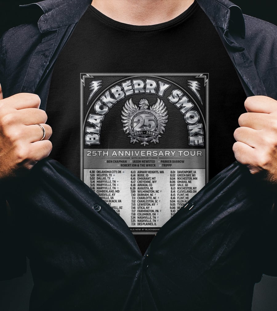 Blackberry Smoke 25th Anniversary Tour 2024 With Ben Chapman And Jason Newsted Featuring Parker Barrow And Robert Jon & The Wreck T-Shirt