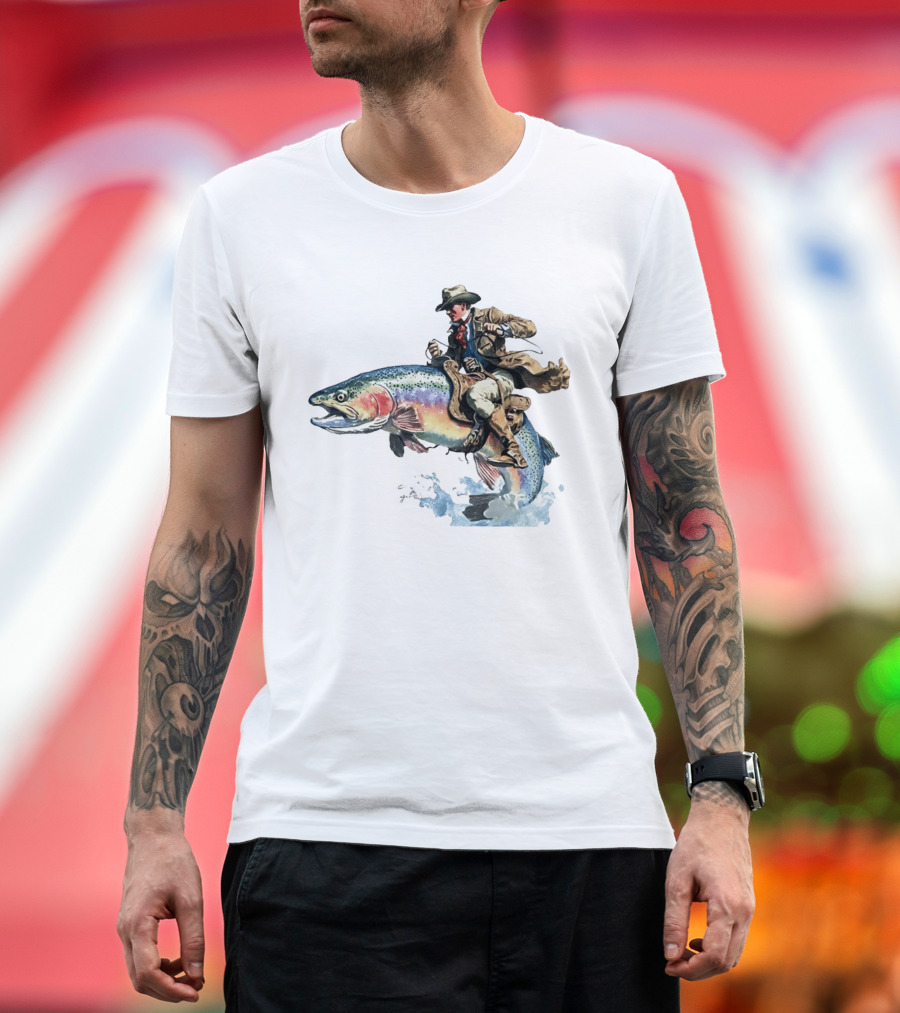 Cowboy Riding Rainbow Trout Adventure Scene T-Shirt