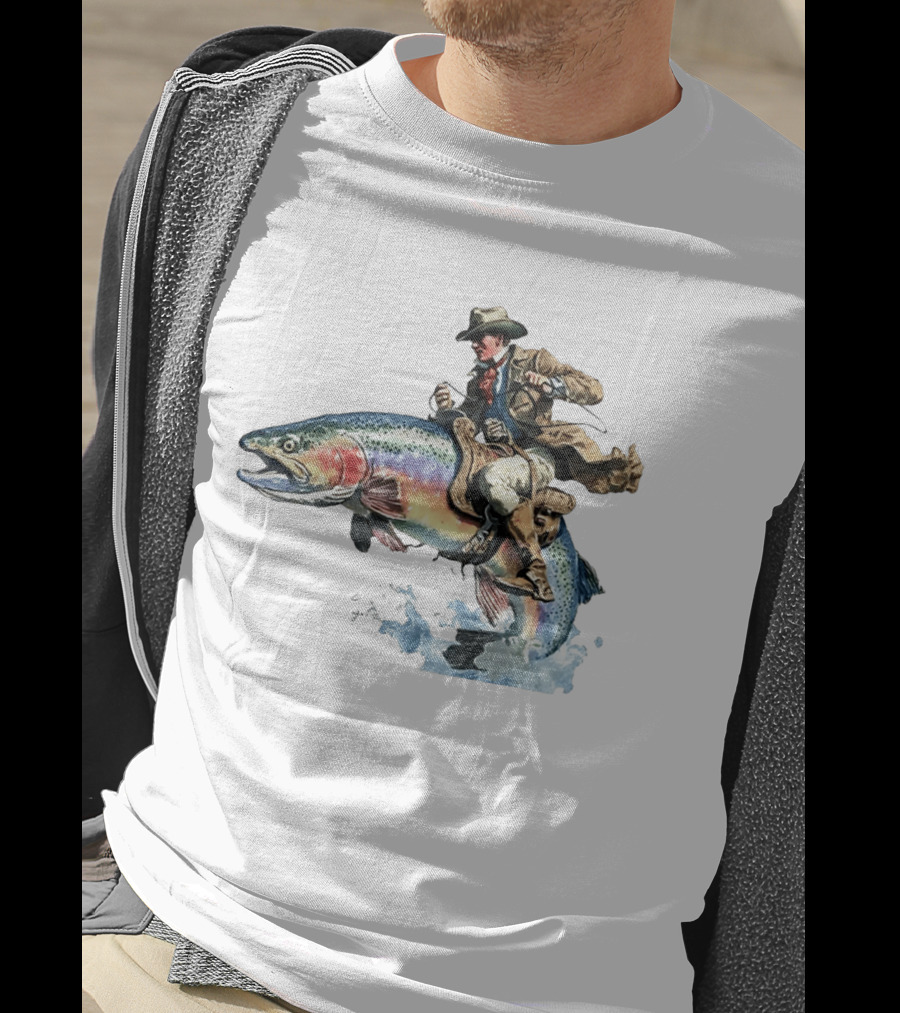 Cowboy Riding Rainbow Trout Adventure Scene T-Shirt