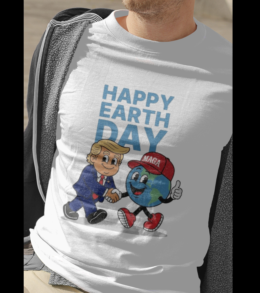 Happy Earth Day Trump MAGA Earth Cartoon Shaking Hands T-Shirt